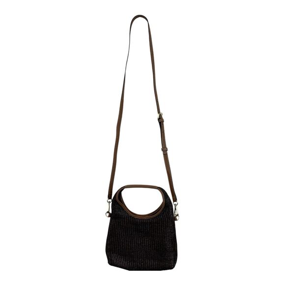 J Jill Straw Leather Trim Small Crossbody Brown Top Handle And Detachable Strap - Picture 3 of 7